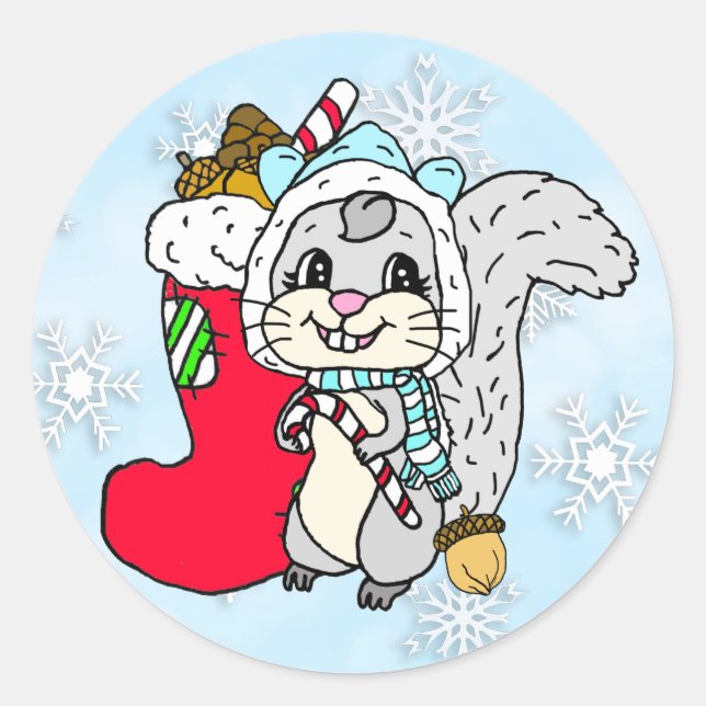 Sticker Rond Noël à l'écureuil festif mignon (Devant)