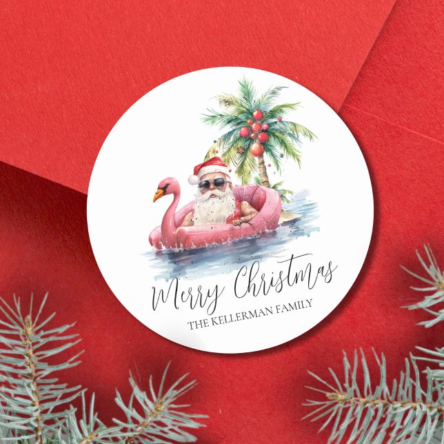 Sticker Rond Noël à Santa Claus Tropical Beach (Santa Claus Tropical Beach Christmas Classic Round Sticker)