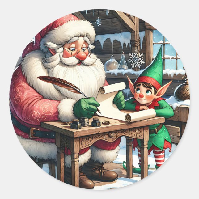 Sticker Rond Noël adorable Père Noël et Elfe (Devant)