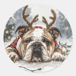 Sticker Rond Noël anglais Bulldog Reindeer