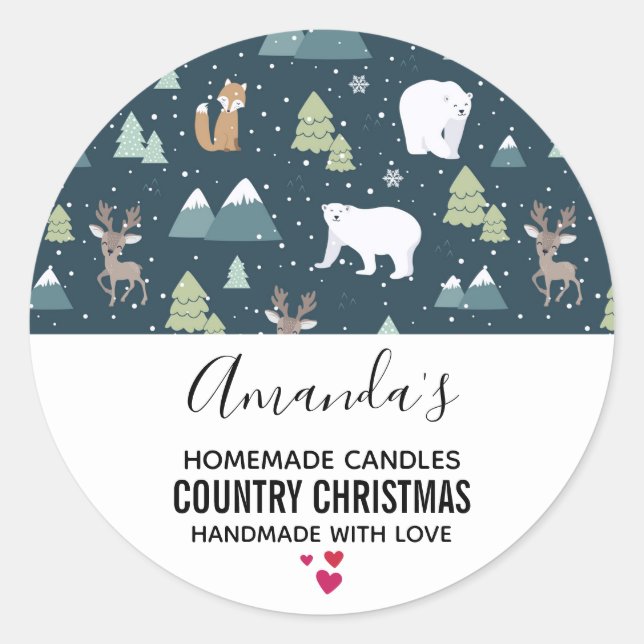 Sticker Rond Noël Animaux d'hiver Motif rustique bougie (Devant)