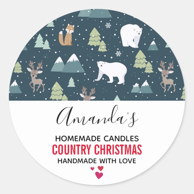 Sticker Rond Noël Animaux d'hiver Motif rustique bougie (Devant)