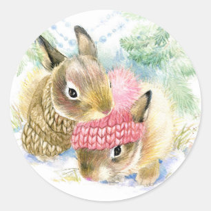 Sticker Rond Noël Aquarelle - Bunnies de forêt d'hiver