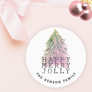 Sticker Rond Noël Arbre Vert rose Aquarelle Vacances