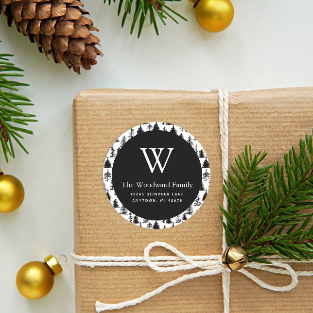 Sticker Rond Noël Arbres À feuillage persistant Black and White (Créateur téléchargé)