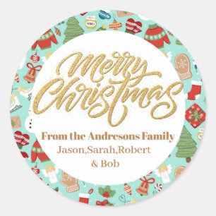Sticker Rond Noël arbres aquarelle nom de famille élégant