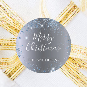 Sticker Rond Noël argent bleu parties scintillant nom