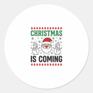 Sticker Rond Noël arrive, modèle de Père Noël bonhomme de neige