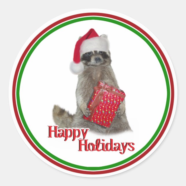 Sticker Rond Noël Bandit Raccoon avec présent (Devant)