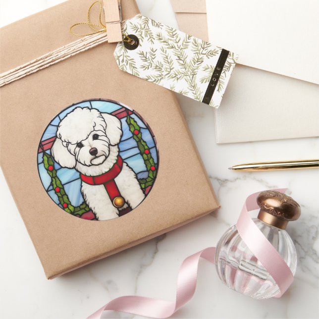 Sticker Rond Noël Bichon Frise en verre tendu (Cadeaux)