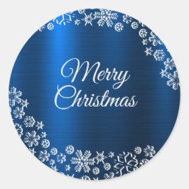 Sticker Rond Noël Blanc Snowflakes Marine Bleu Classic Roun