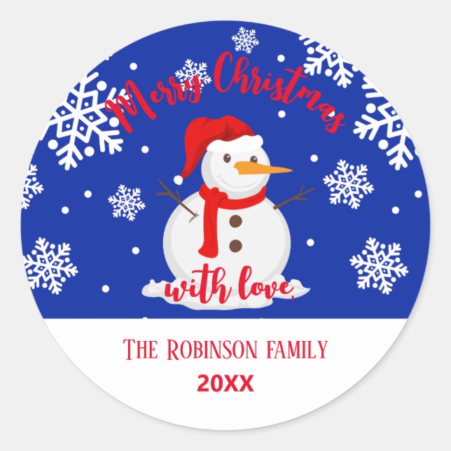 Sticker Rond Noël bleu Snowman Snowflakes Classic Round St (Devant)