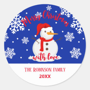 Sticker Rond Noël bleu Snowman Snowflakes Classic Round St