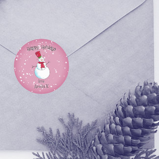 Sticker Rond Noël bonhomme de neige rose personnalisé