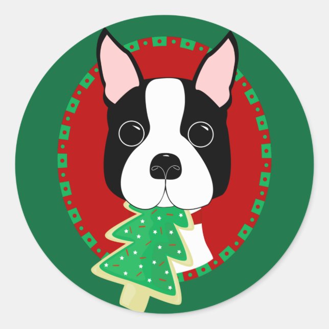 Sticker Rond Noël Boston Terrier (Devant)