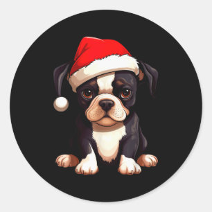 Sticker Rond Noël Boston Terrier Chien Chapeau de Père Noël Drô