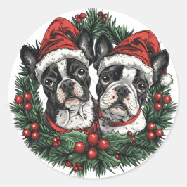 Sticker Rond Noël Boston Terrier Chiens de vacances Wreath