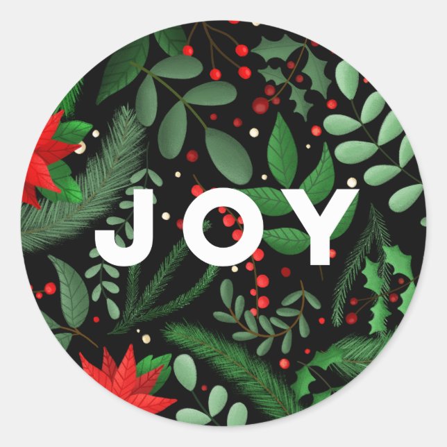 Sticker Rond Noël Botanique Joy (sur Noir) (Devant)