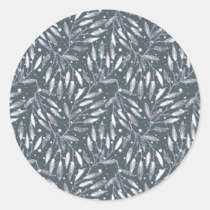 Sticker Rond Noël, brindilles argentées, blanc, flocons de ne