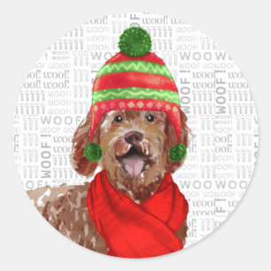 Sticker Rond Noël Brown Labradoodle et Woof Art Amoureux des ch