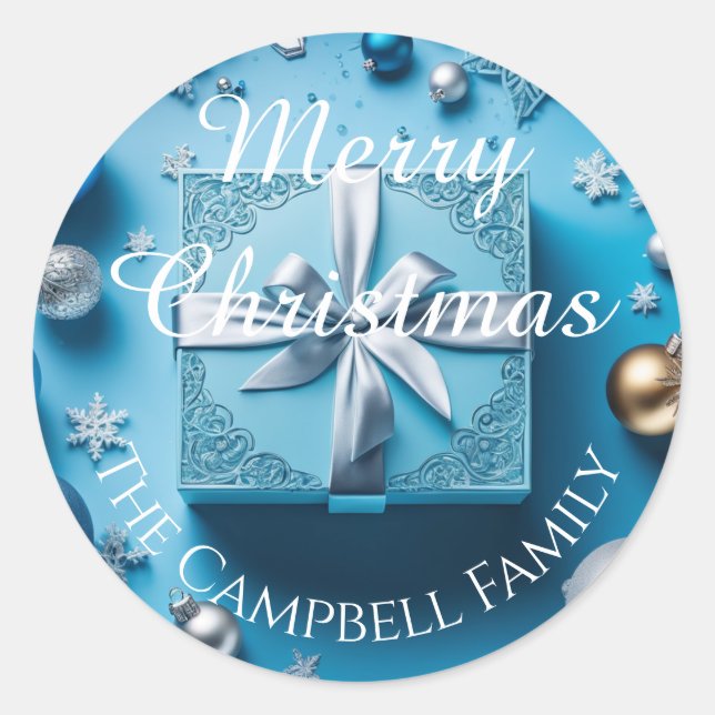 Sticker Rond Noël cadeau bleu glace et argent (Devant)