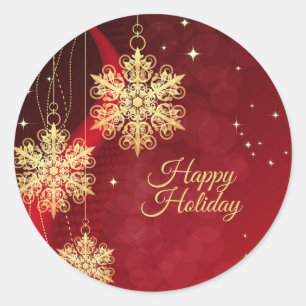 Sticker Rond Noël cadeau Red Golden Snowflakes Holiday