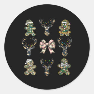 Sticker Rond Noël Camo Coquette Bow Gingerbread Reindeer H