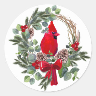 Sticker Rond Noël Cardinal Oiseau Rouge Aquarelle Nature Art