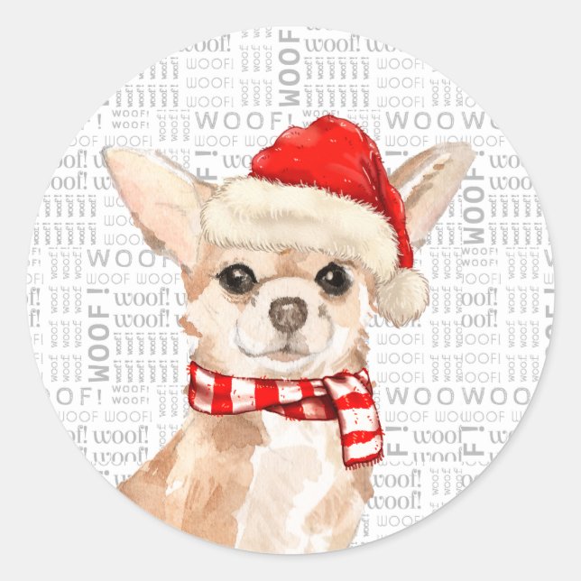 Sticker Rond Noël Chihuahua Chien Aquarelle Père Noël (Devant)