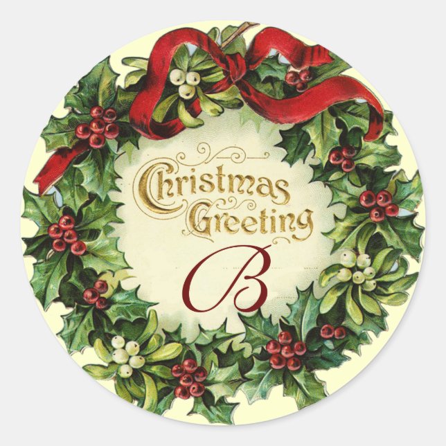 STICKER ROND NOËL COURONNE AVEC MISTLETOES ET BERRIES SAINES (Devant)