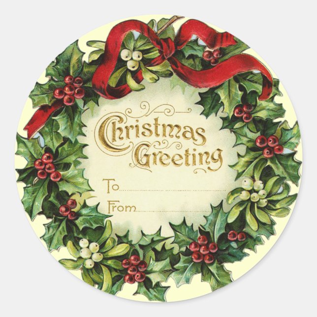 STICKER ROND NOËL COURONNE AVEC MISTLETOES ET BERRIES SAINES (Devant)