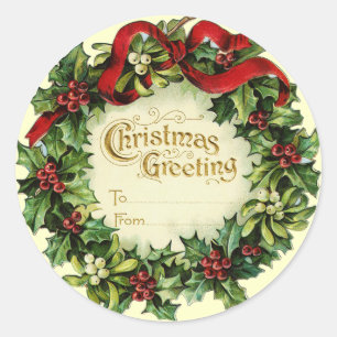 STICKER ROND NOËL COURONNE AVEC MISTLETOES ET BERRIES SAINES