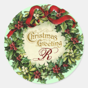 STICKER ROND NOËL COURONNE AVEC MISTLETOES ET BERRIES SAINES