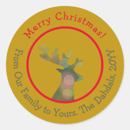 Sticker Rond Noël customisé Bokeh Reindeer Head Red Gold