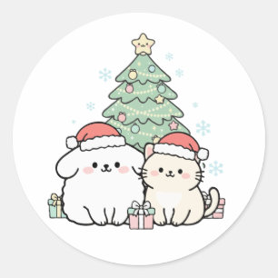 Sticker Rond Noël Cute Kawaii Fête Chat & Chien Fête