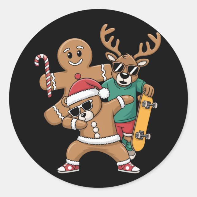 Sticker Rond Noël Dabing Père Noël Ours Skate Reindeer Xmas (Devant)