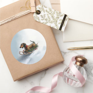 Sticker Rond Noël Dachshund neige hiver