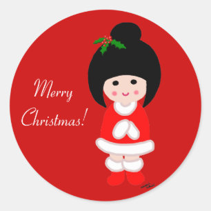 Sticker Rond Noël de fille de Kokeshi en rouge