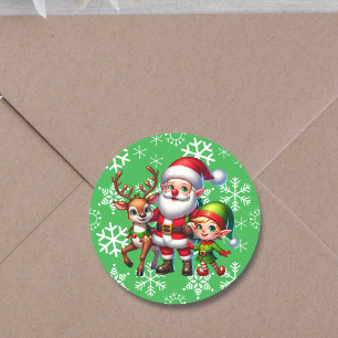Sticker Rond Noël de la mignonne Chibi Père Noël, Elfe et Renne
