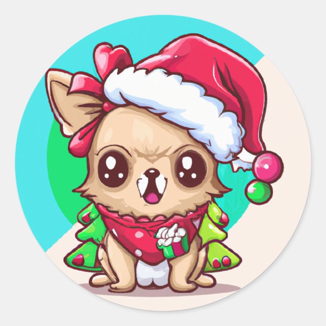 Sticker Rond Noël de la petite Chibi Kawaii Long Haired Chihuah (Devant)