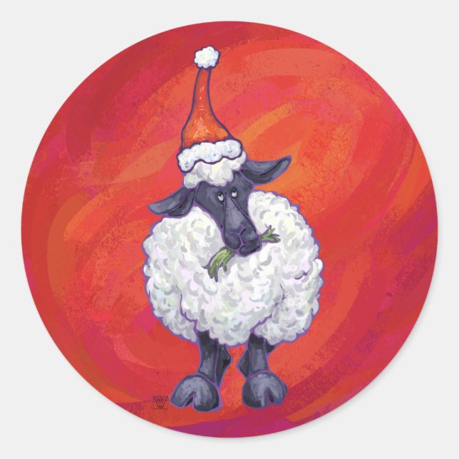 Sticker Rond Noël des moutons sur rouge (Devant)