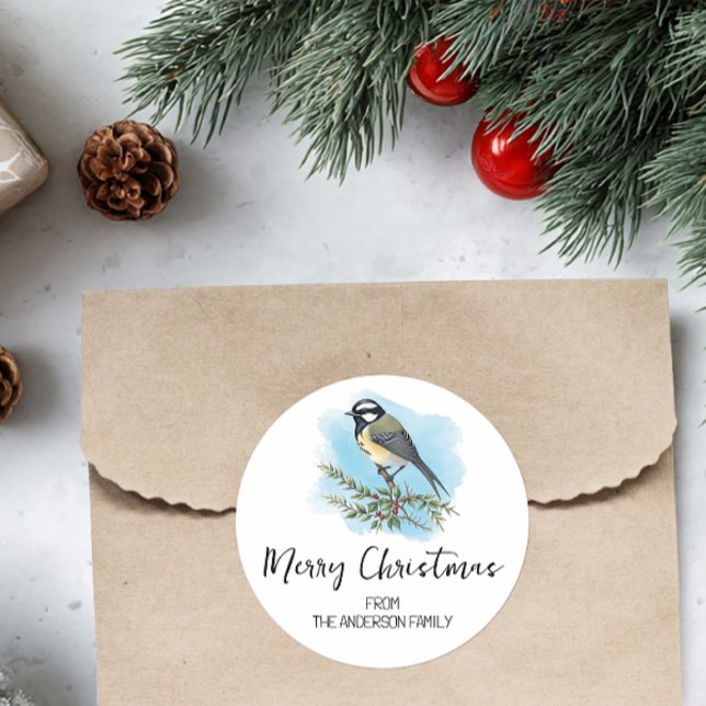 Sticker Rond Noël d'oiseaux forestiers personnalisés (Personalized Christmas Sticker)