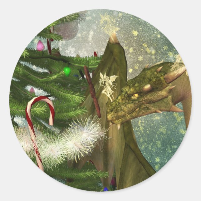 Sticker Rond Noël dragon et fées (Devant)