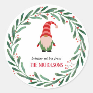 Sticker Rond Noël Drôle Gnome Holiday Holly Wreath