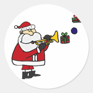 Sticker Rond Noël drôle Père Noël jouant la trompette