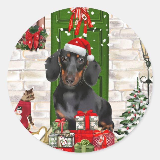 Sticker Rond Noël du chien Dachshund (Devant)