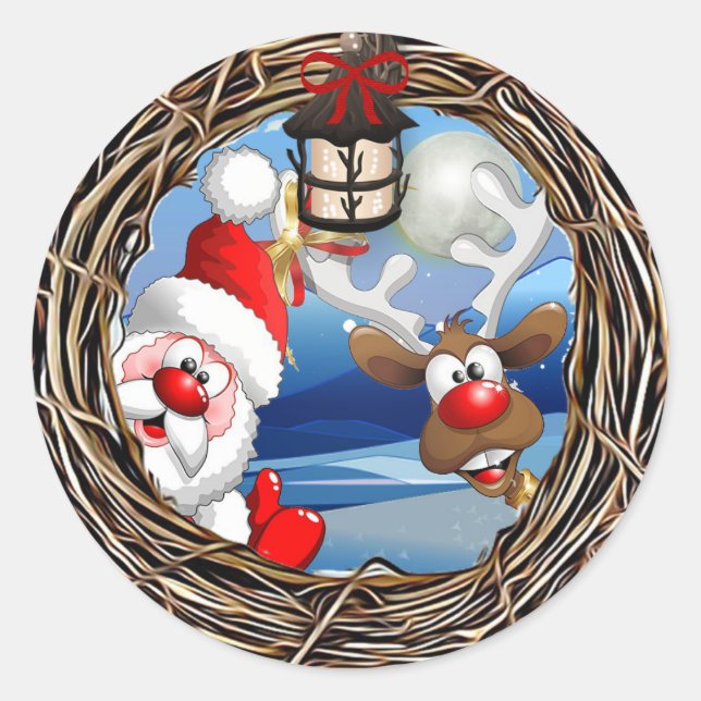 Sticker Rond Noël du Père Noël et du renne (Devant)