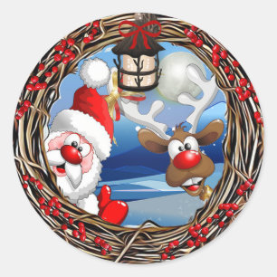 Sticker Rond Noël du Père Noël et du renne