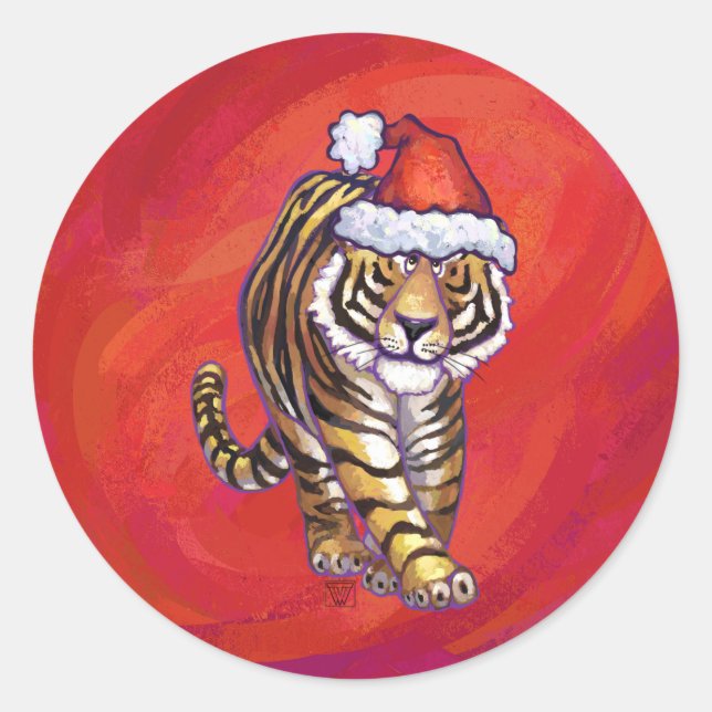 Sticker Rond Noël du tigre en rouge (Devant)