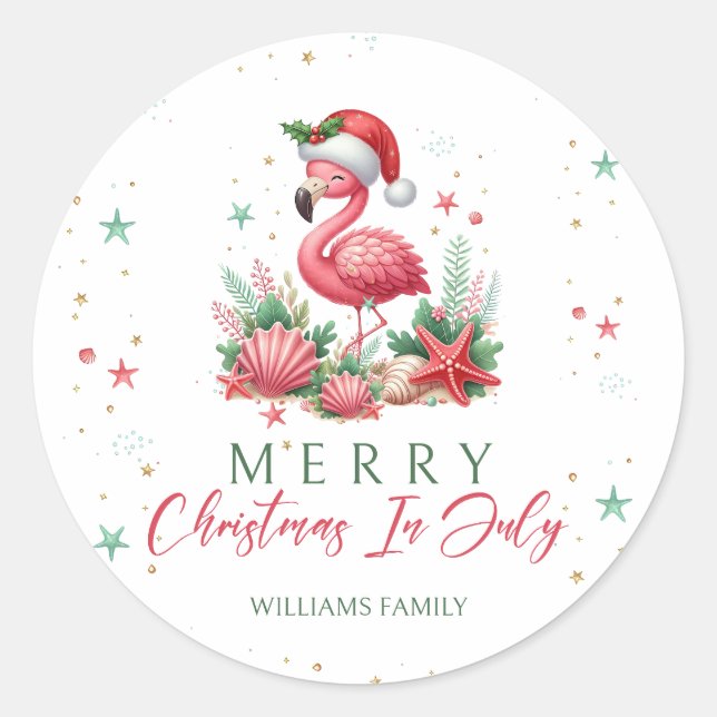 Sticker Rond Noël en Flamant rose juillet (Devant)